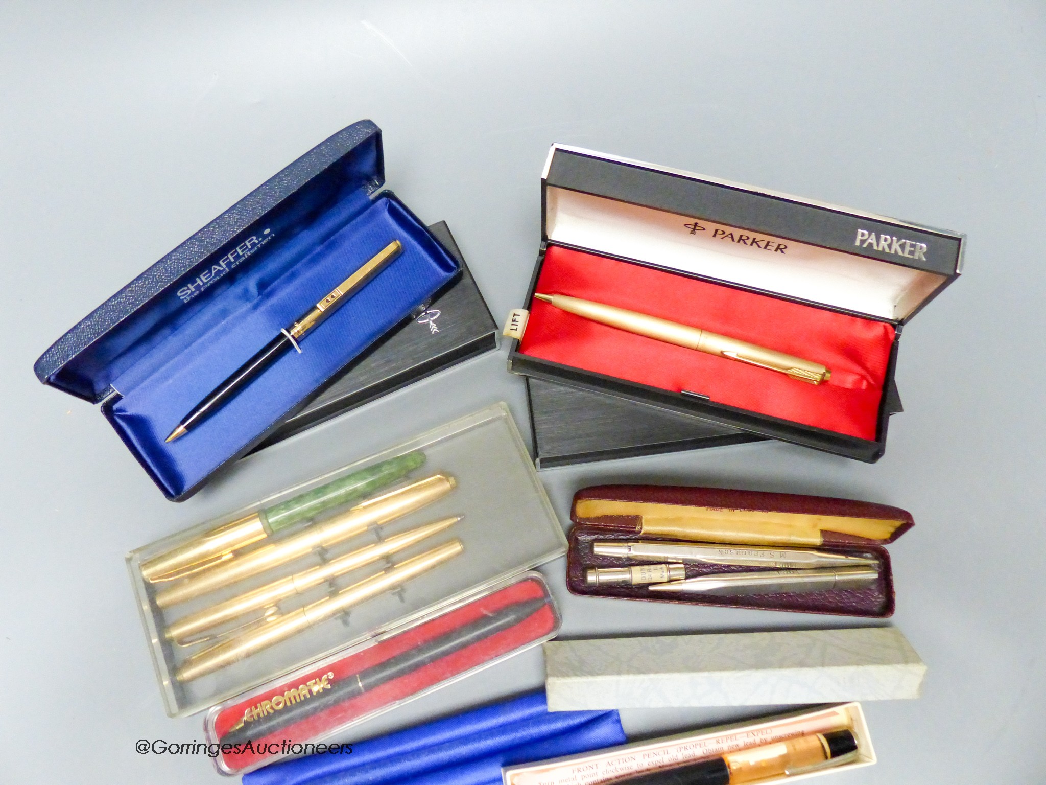 A group of Parker fountain ballpoint pens, Yard-O-Led pencil and a silver propelling pencil etc